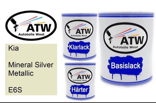 Kia, Mineral Silver Metallic, E6S: 1L Lackdose + 1L Klarlack + 500ml Härter - Set, von ATW Autoteile West.